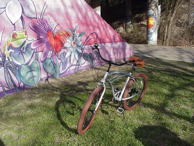 My Retrospec Beach Cruiser against an overpass mural, different angl